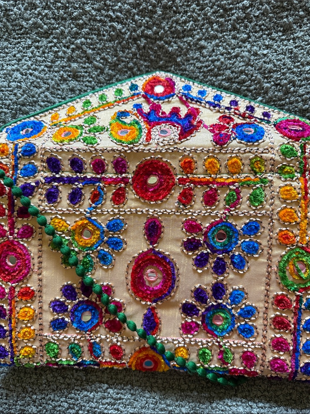 Colorful Embroidered Elephant Floral Clutch with Green Beaded Strap - Picture 4 of 7